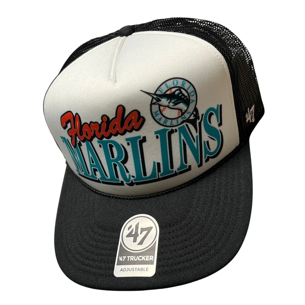 '47 Brand Trucker Hat Mens OSFA Black Florida Marlins MLB Creedence Foam Mesh